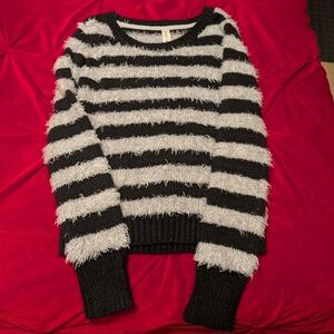 No Boundaries Black and White Striped Fuzzy Crewneck Sweater